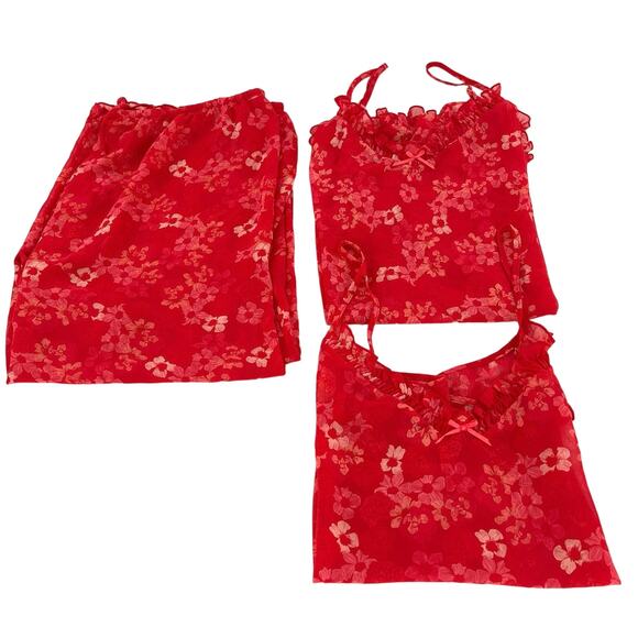3 pieces Josie by Natori women’s fushia ruffle edge slit camisole and pant set